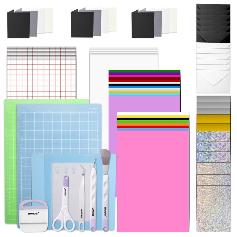 حزمة الملحقات النهائية HAWERSI لجهاز Cricut Joy Xtra لصنع المشاريع و جميع Explore Air 79 قطعة مجموعة أدوات الحرف اليدوية مع الفينيل القابل للتحويل الحراري و الفينيل اللاصق الدائم و مجموعة البطاقات و حصيرة البطاقات و أدوات إزالة الفينيل