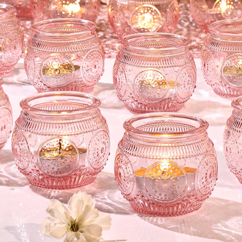 24 Pink Candle Holders  Bulk Pink Votive Glass Holders for Wedding Bridal  Baby Showers Valentines  Birthday Parties