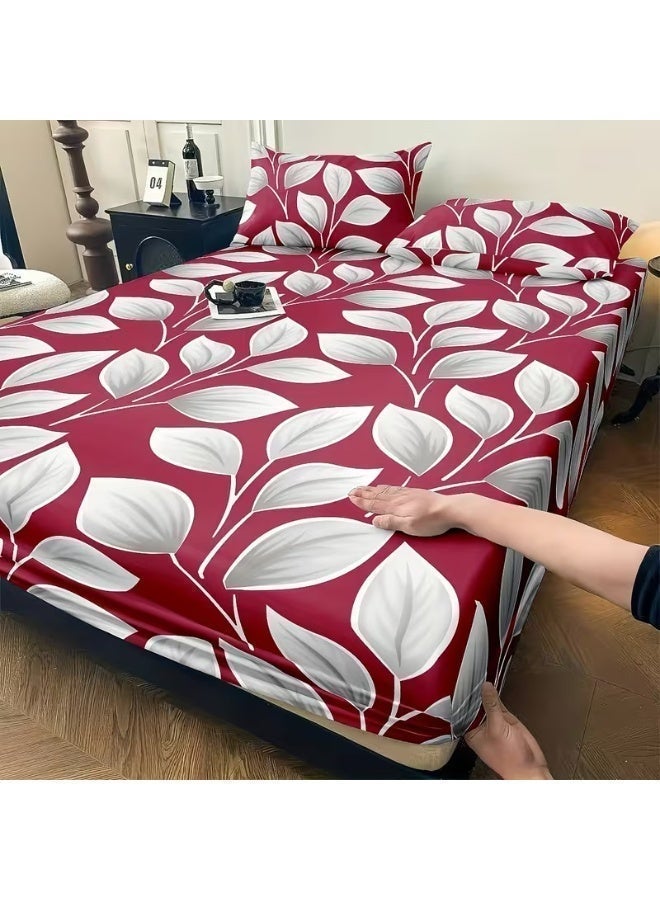 Eworld 3-Piece Fitted Bedsheet Set, Honeycomb Leaf Print, 100% Cotton, 125 GSM, 1 Fitted Sheet + 2 Pillowcases, Soft & Breathable Bedding Set - Image 2