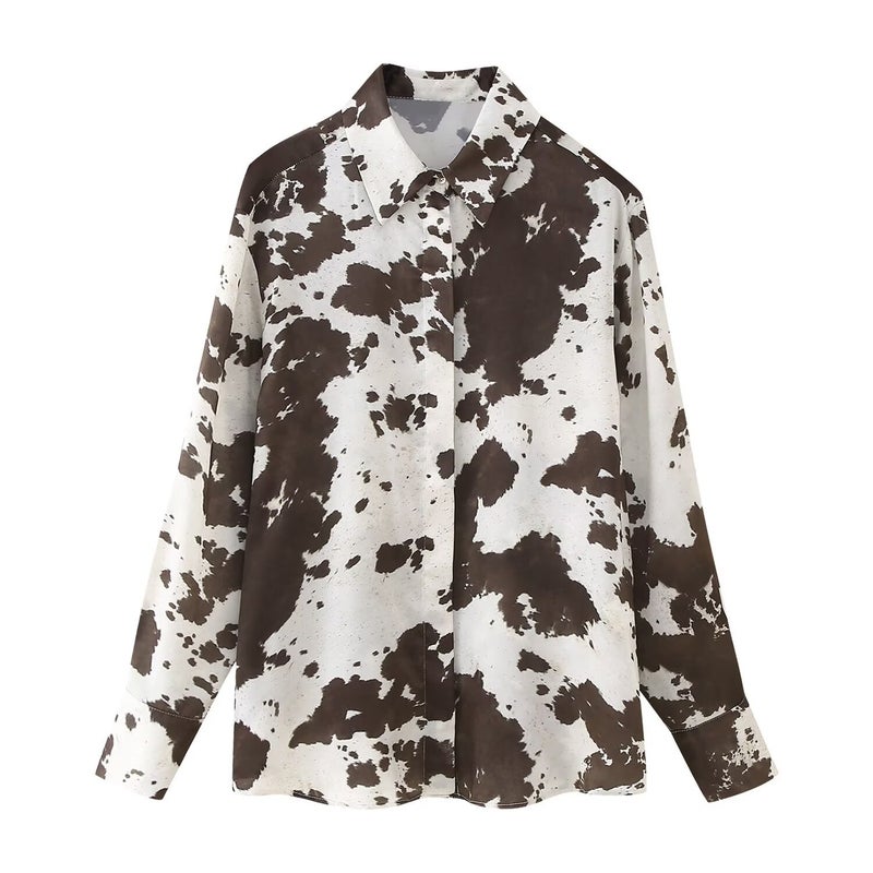 ZR Womens Clothing European and American Style 2025 Spring New Elegant Animal Print Shirt Silk Satin Texture Midi Dress Tops