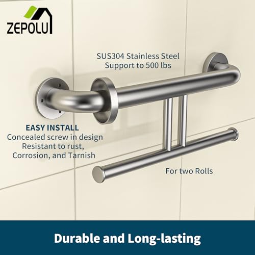Zepolu Brushed Nickel Handicap Grab Bar w/Toilet Paper Roll Holder, Zepolu 2-in-1 Safety Assist Bar Balanced Support Handle 17 Inch, Stainless Steel Wall Mounted Bathroom Toilet Grab Bar for Senior Elderly - Image 3