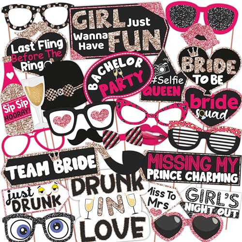 WOBBOX Bachelorette Party Photo Booth Props for Bride & Groom, Bridal Shower Props, Bachelorette Party Decoration, bride to be party decorations items- Copper Glitter with Pink Lime - Image 1