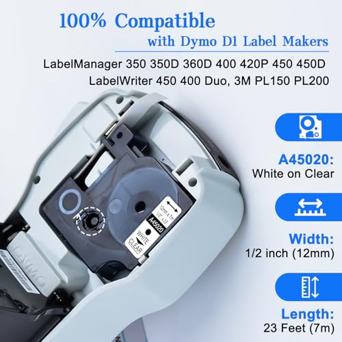 GREENCYCLE 2 Pack White on Clear Tape Compatible for Dymo D1 Label Maker Refills 45020 S0720600 12mm Label Tape Refills 1/2 Inch x 23 Feet for LabelManager 160 280 210D 360D 420P PnP 220P 260P 500TS - Image 2