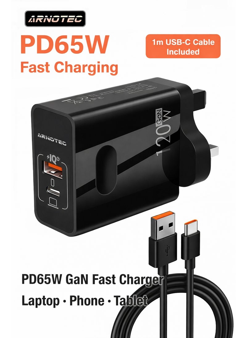 ARNOTEC 120W(Max) GaN Fast Charger, Dual-Port USB-C + USB-A Adapter, PD65W Single-Port Output, QC5.0 Fast Charging, Compact UK Plug for Laptop, Tablet & Smartphone - Image 1