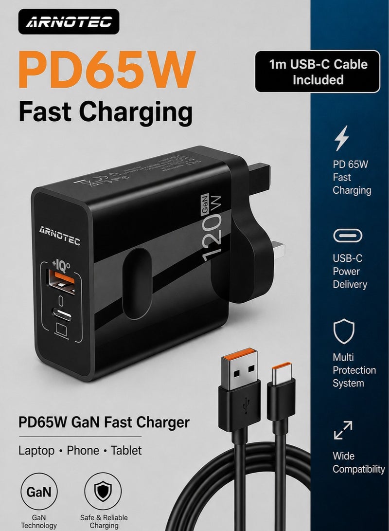 ARNOTEC 120W(Max) GaN Fast Charger, Dual-Port USB-C + USB-A Adapter, PD65W Single-Port Output, QC5.0 Fast Charging, Compact UK Plug for Laptop, Tablet & Smartphone - Image 1