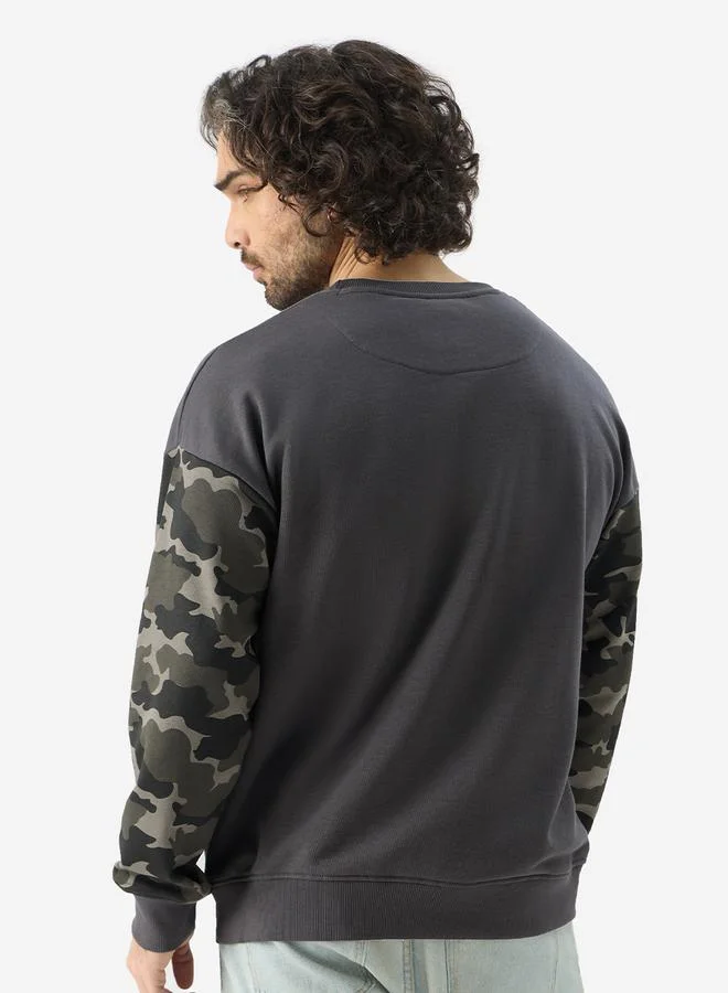 The Souled Store  Charcoal Camouflage Sleeve Oversized Fit Pullover Sweatshirt for Men | Best Price UAE