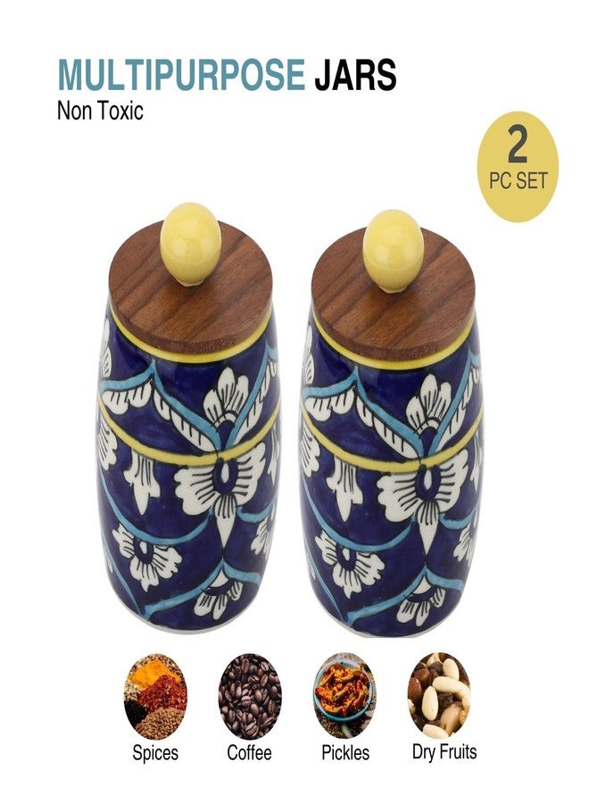 VarEesha Hand-made Hand Painted Blue Floral Dholak Ceramic Jars with Wooden Lids| Airtight Kitchen Containers for Pickles, Cookies, Chutney,Dry Fruits| Leak Proof Ceramic Barni|450 ML (Set of 2) - Image 5