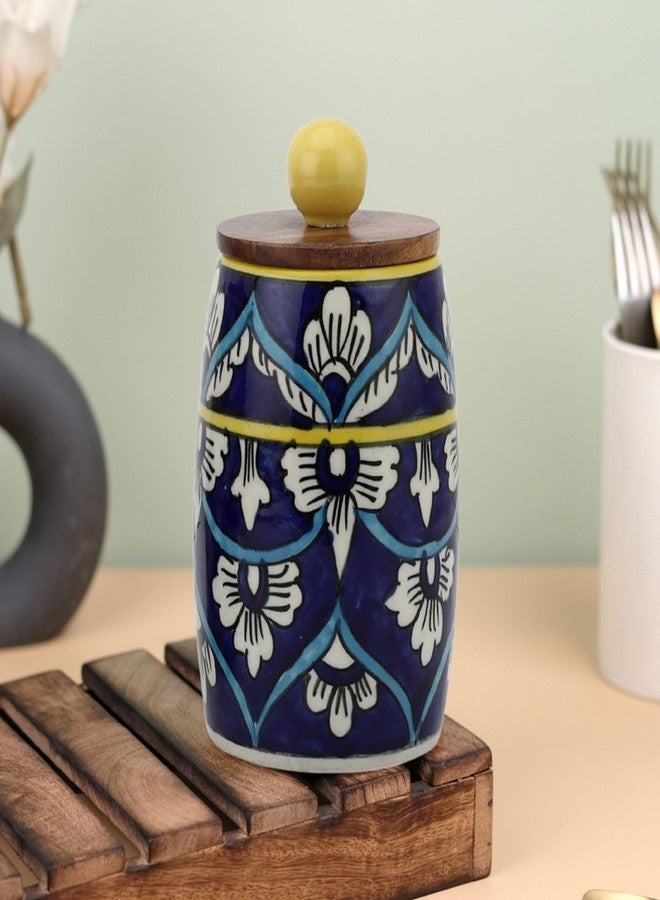 VarEesha Hand-made Hand Painted Blue Floral Dholak Ceramic Jars with Wooden Lids| Airtight Kitchen Containers for Pickles, Cookies, Chutney,Dry Fruits| Leak Proof Ceramic Barni|450 ML (Set of 2) - Image 2