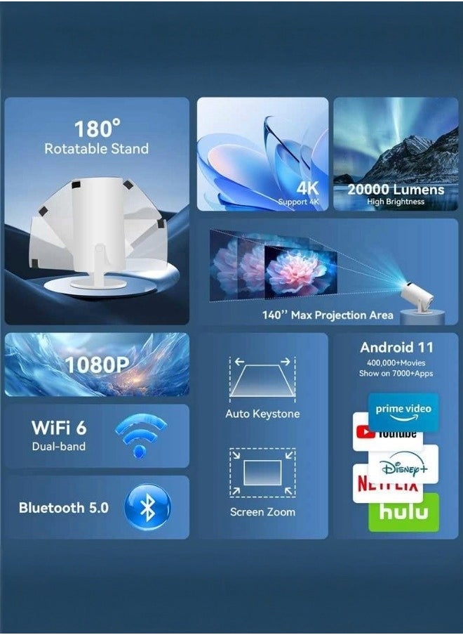 Generic - 4K Projector, Portable Android 11 Projector, 1080P FHD, WiFi 6, Bluetooth 5.0, 130-Inch Viewing, Pre-installed Netflix, Prime Video & More Apps - Image 1