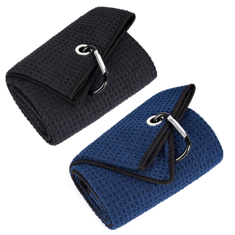 Mile High Life Tri-fold Golf Towel | 16" X 24" | Premium Microfiber Fabric | Waffle Pattern | with Heavy Duty Carabiner Clip | for Men and Women (Black & Navy) - Image 1