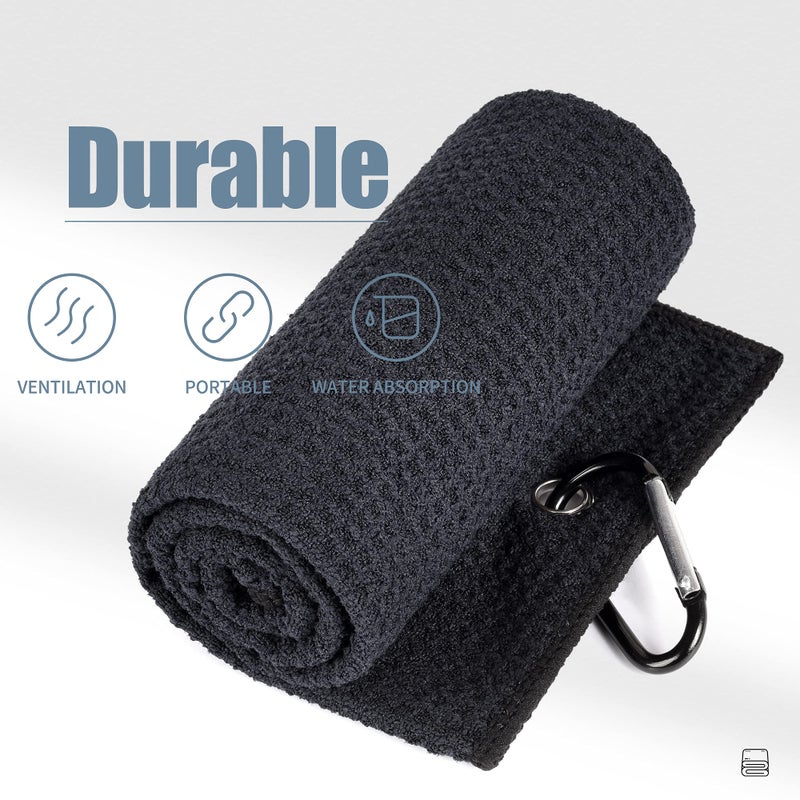 Mile High Life Tri-fold Golf Towel | 16" X 24" | Premium Microfiber Fabric | Waffle Pattern | with Heavy Duty Carabiner Clip | for Men and Women (Black & Navy) - Image 2