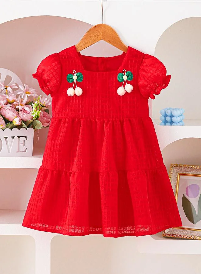 تايك تو Girls Red Embroidered Cherry Textured Dress