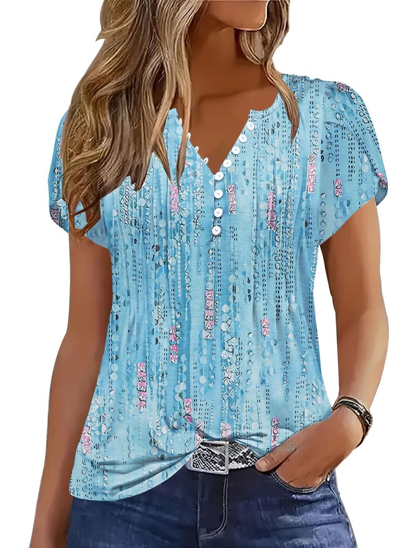 Disamer Summer Tops for Women Petal Short Sleeve Shirts Dressy Pleated Tunic 2026 Casual V Neck Button Down Blouses,Dewdrop Blue,Large - Image 1