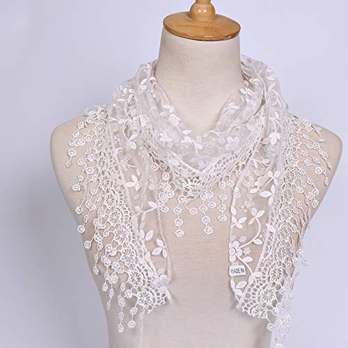 Cotchear Lace Scarf Floral Crochet Lightweight Tassel Sheer Wrap Scarves Shawl (White) - Image 3