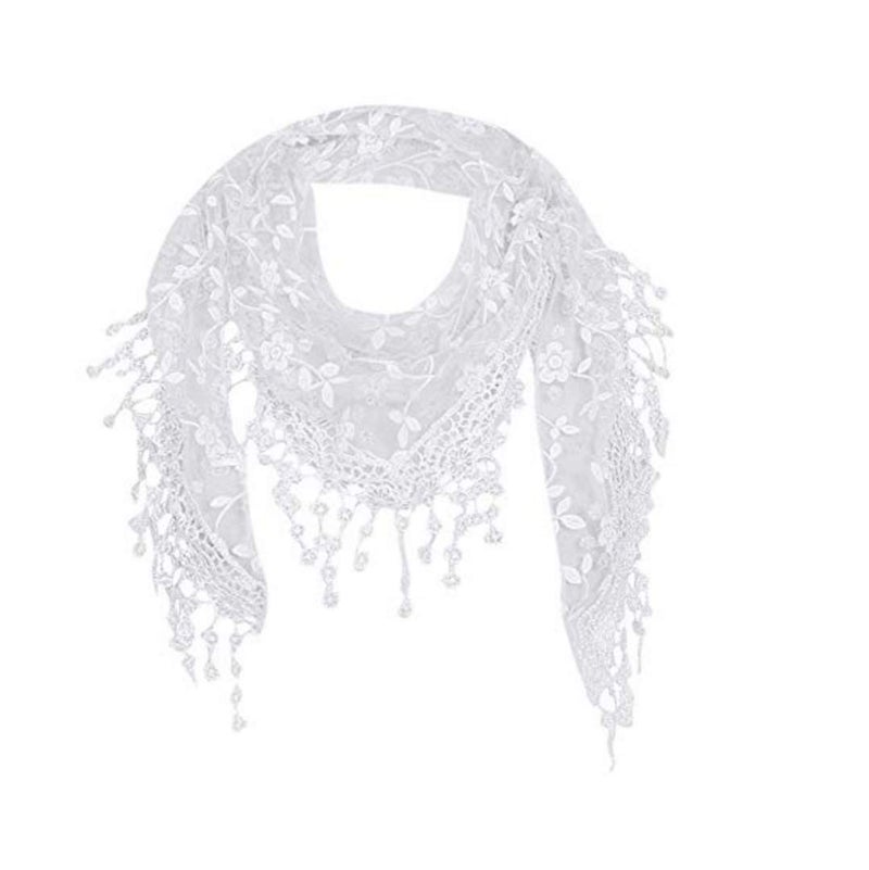Cotchear Lace Scarf Floral Crochet Lightweight Tassel Sheer Wrap Scarves Shawl (White) - Image 1