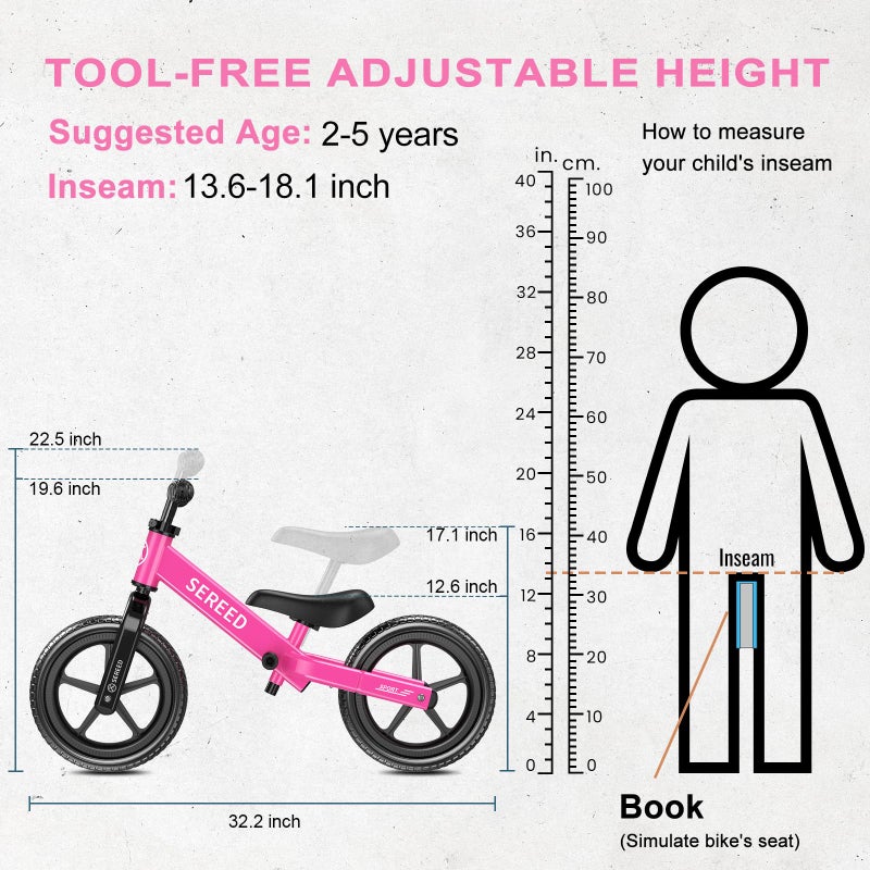 SEREED Toddler Balance Bike 2 Year Old, No Pedal Kids Toy Bike for 2-5 Years Old, Tool-Free Adjustment, Gift for 2-3 Boys Girls, Customize Plate with 3pcs Stickers (Rose Pink) - Image 3