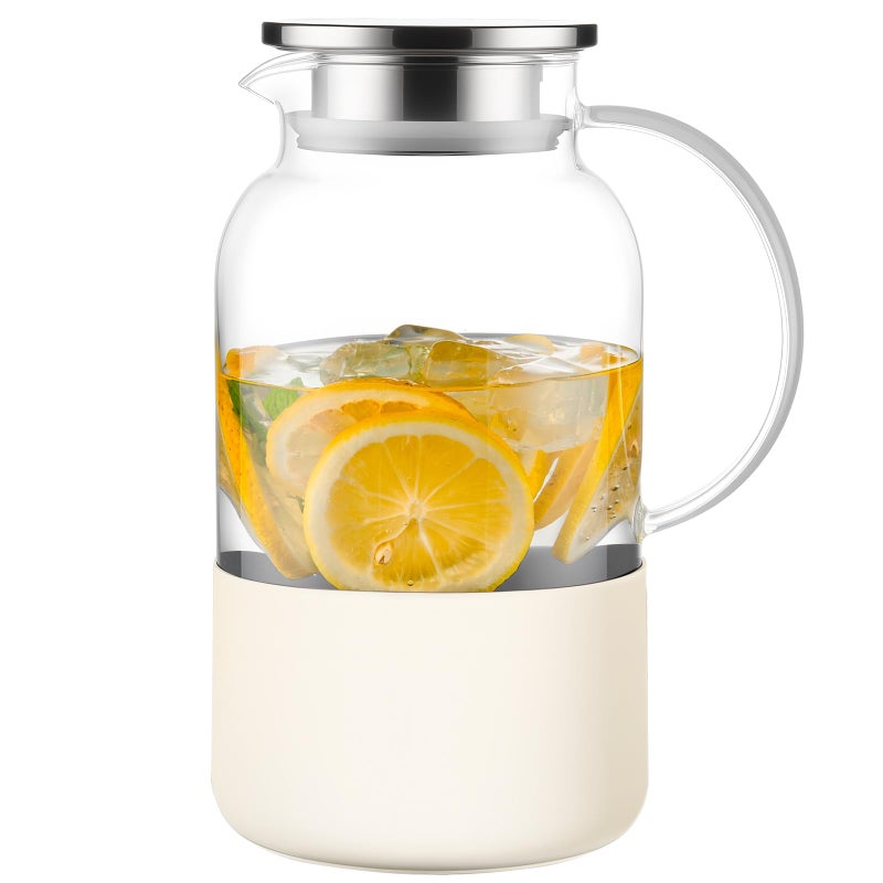 PARACITY Water Jug Water Pitcher with Silicone Base 61oz 18L Hot Cold Glass Pitcher with Lid and Handle Glass Carafe with Lid for Coffee Juice Lemonade and Milk Offwhite base