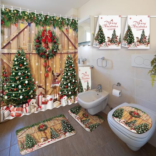 Nuanchu 6 Pcs Christmas Shower Curtain Set with Rug Bathroom Sets with Shower Curtain Bath Mat U Shaped Mat Toilet Lid Cover 2 Bath Towels and 12 Hooks Christmas Tree Bathroom Decor - Image 1