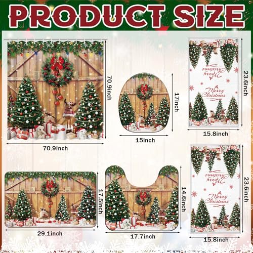 Nuanchu 6 Pcs Christmas Shower Curtain Set with Rug Bathroom Sets with Shower Curtain Bath Mat U Shaped Mat Toilet Lid Cover 2 Bath Towels and 12 Hooks Christmas Tree Bathroom Decor - Image 3