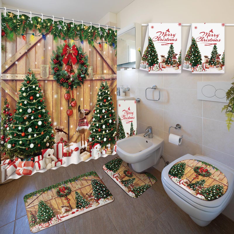 Nuanchu 6 Pcs Christmas Shower Curtain Set with Rug Bathroom Sets with Shower Curtain Bath Mat U Shaped Mat Toilet Lid Cover 2 Bath Towels and 12 Hooks Christmas Tree Bathroom Decor - Image 2