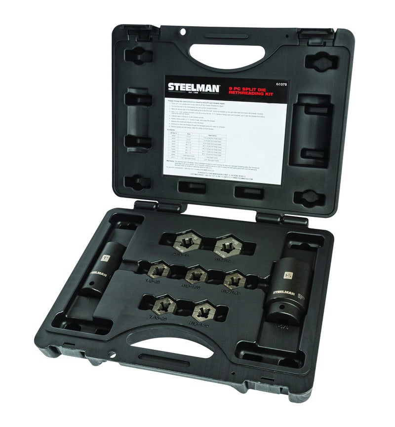 Steelman 9-Piece Split Die Wheel Stud Repair/Rethreading Kit, Indexing Pins, Steel, Repairs Threads on Wheel Studs and Bolts, Two Sockets Included - Image 3