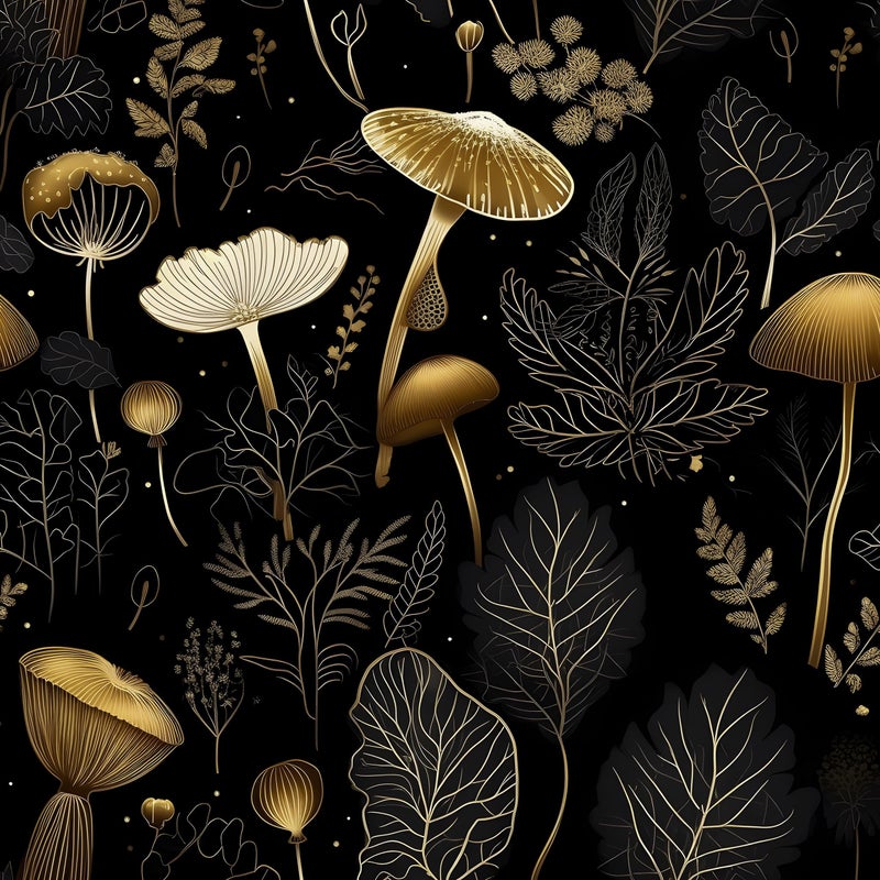 Laatse Boho Wallpaper Peel and Stick Dark Floral Contact Paper 175 x 118 Vinyl Self Adhesive Vintage Mushrooms Wall Mural Leaf Wall Paper for Room Countertop Drawer DecorGoldenBlack
