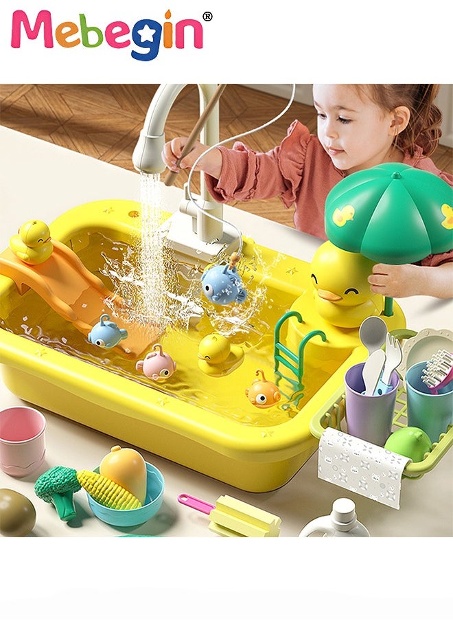 MEBEGIN 2 in 1 Toy Sink Playset, Large-capacity Play Sink with Running Water, Kitchen Sink Toys with Upgraded Faucet, Pretend Kitchen Playset with Rich Accessories, Kids Role Play Dishwasher Toy, Creative Duck Fishing Toys, Ideal Gift for Kids Aged 3+  - Image 1
