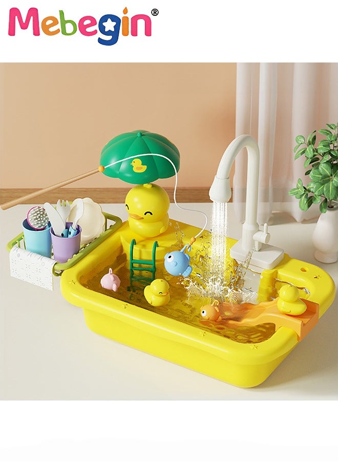 MEBEGIN 2 in 1 Toy Sink Playset, Large-capacity Play Sink with Running Water, Kitchen Sink Toys with Upgraded Faucet, Pretend Kitchen Playset with Rich Accessories, Kids Role Play Dishwasher Toy, Creative Duck Fishing Toys, Ideal Gift for Kids Aged 3+  - Image 2