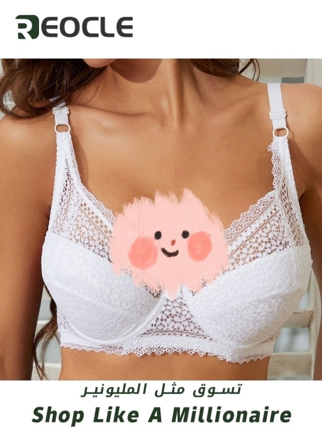 REOCLE Women's Bra Full-Coverage Lace Bra with Underwire Cups Push Up Plus Size Bra Thin Bra Comfort Sheer Balconette Bra - Image 2