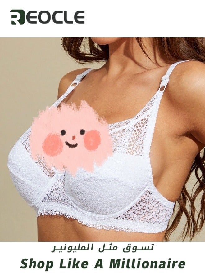 REOCLE Women's Bra Full-Coverage Lace Bra with Underwire Cups Push Up Plus Size Bra Thin Bra Comfort Sheer Balconette Bra - Image 3