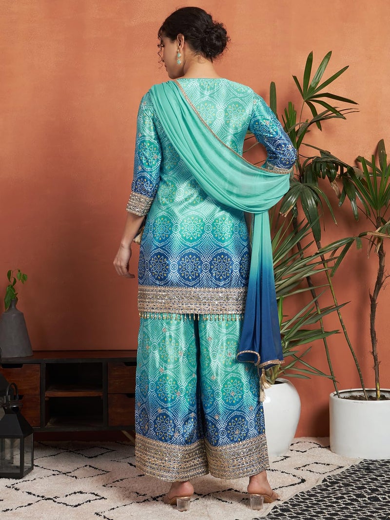 SHOPPING QUEEN Women's Silk Blend Bandhani Kurta and Palazzo Set (A583_Aqua Blue_L) - Image 2