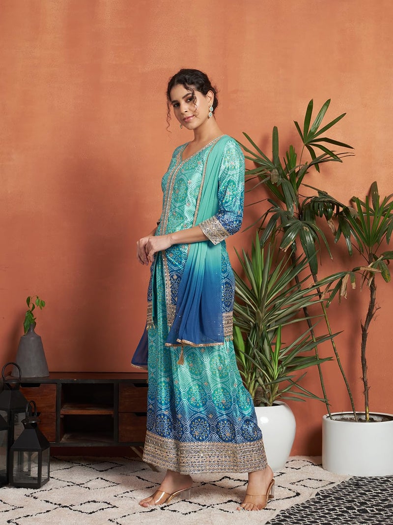 SHOPPING QUEEN Women's Silk Blend Bandhani Kurta and Palazzo Set (A583_Aqua Blue_L) - Image 3