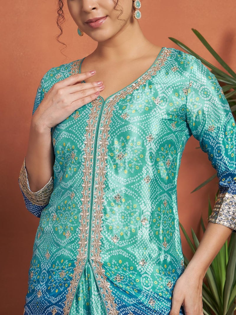 SHOPPING QUEEN Women's Silk Blend Bandhani Kurta and Palazzo Set (A583_Aqua Blue_L) - Image 4