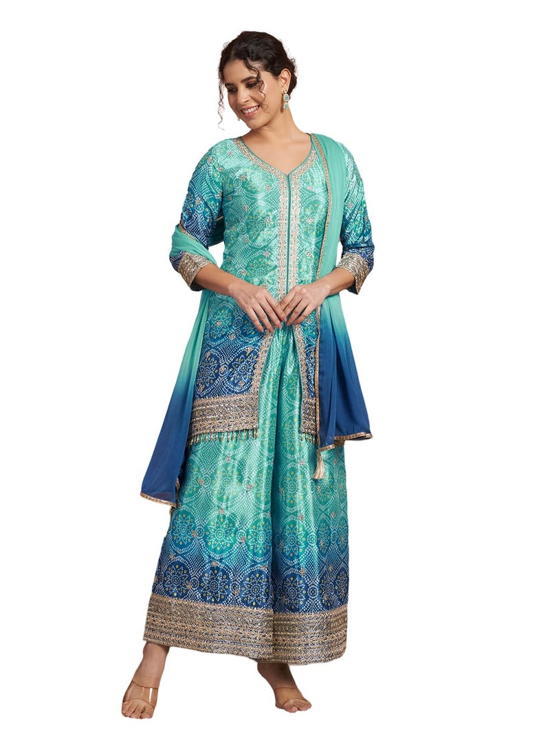 SHOPPING QUEEN Women's Silk Blend Bandhani Kurta and Palazzo Set (A583_Aqua Blue_L) - Image 1