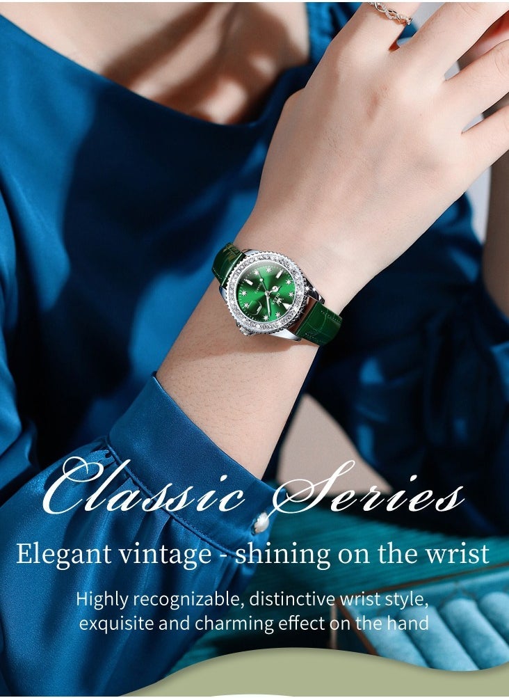 OLEVS Watches for Women Quartz Leather Water Resistant Analog Watch 34mm Green 9945 - Image 1