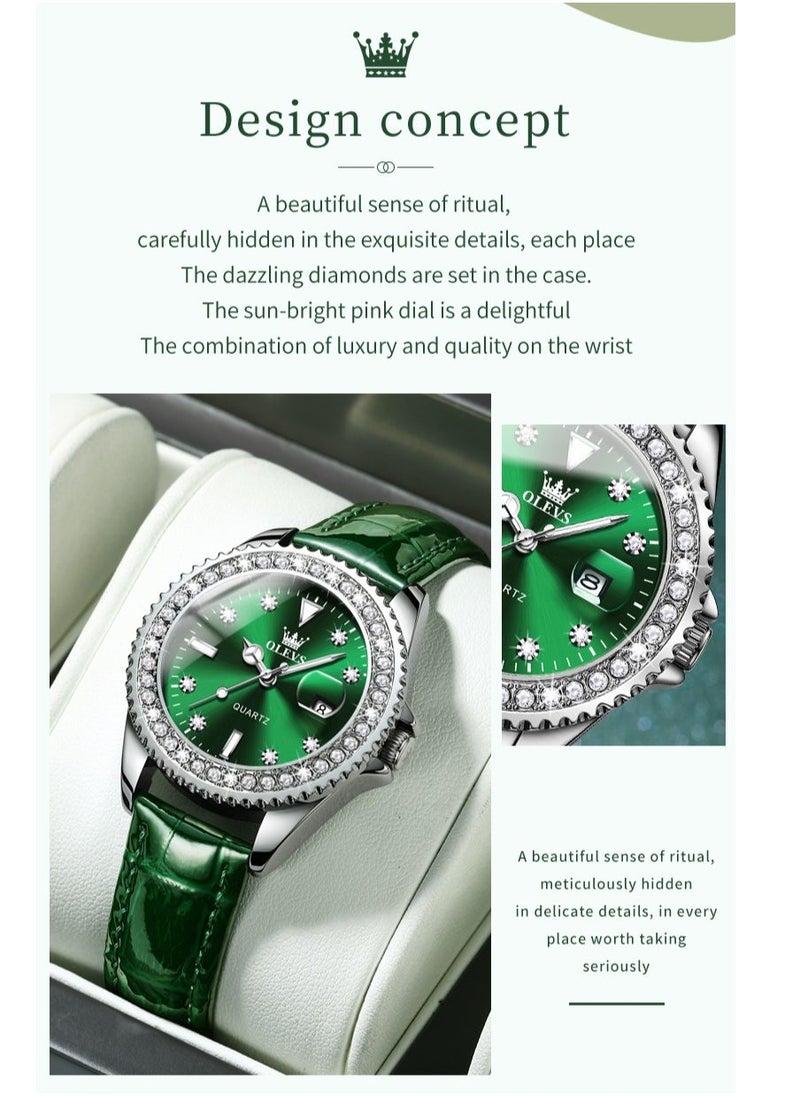 OLEVS Watches for Women Quartz Leather Water Resistant Analog Watch 34mm Green 9945 - Image 2