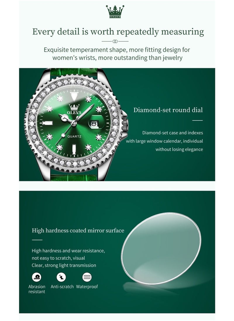 OLEVS Watches for Women Quartz Leather Water Resistant Analog Watch 34mm Green 9945 - Image 5