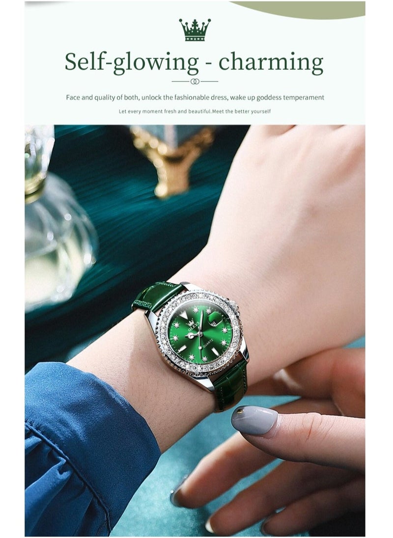 OLEVS Watches for Women Quartz Leather Water Resistant Analog Watch 34mm Green 9945 - Image 3