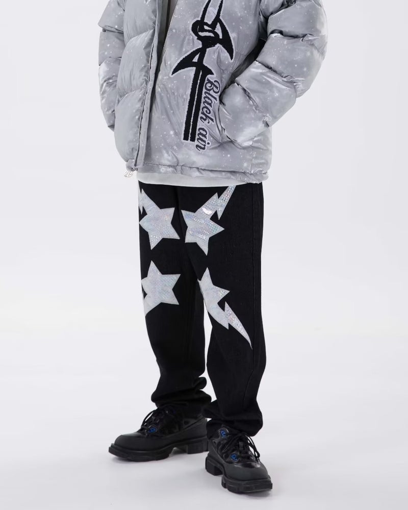 Casual Streetwear Mens Star Patch Loose Jeans Color Star  - Image 2