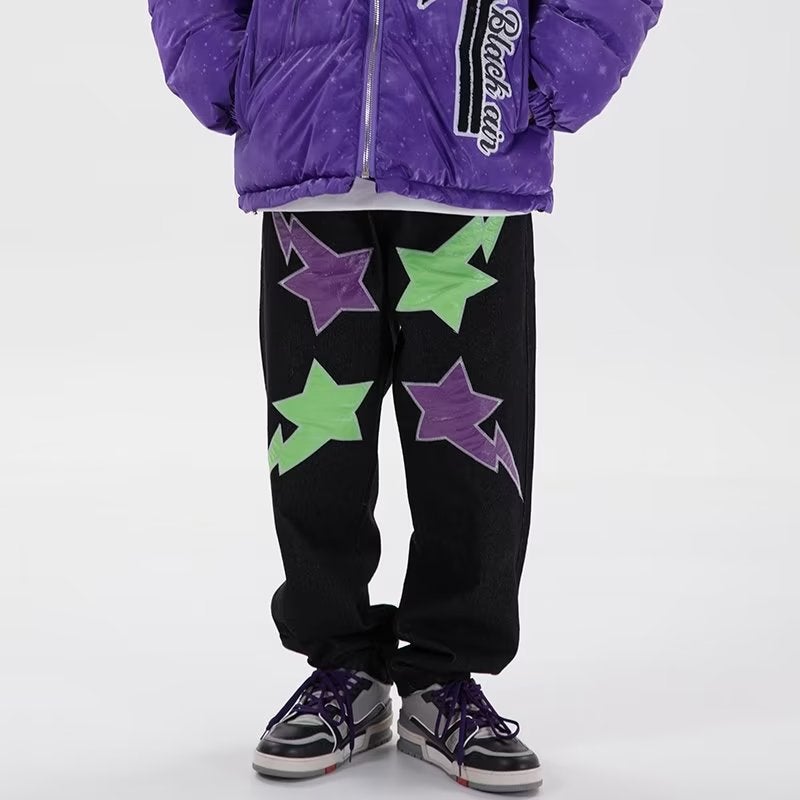 Casual Streetwear Mens Star Patch Loose Jeans Color Star  - Image 1