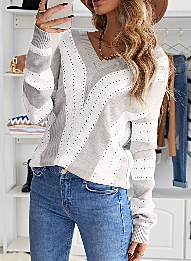 FEKOAFE Women Casual Flowy Sweater for Fall Winter,Fashion Casual Sexy V Neck Sweatshirts Block Color Knit Pullover for Sports Gym Size M(Gray White) - Image 3