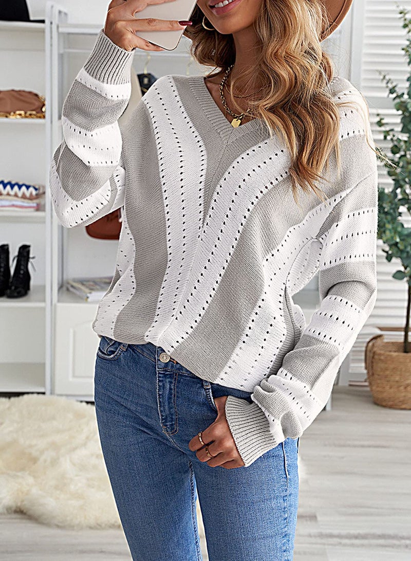 FEKOAFE Women Casual Flowy Sweater for Fall Winter,Fashion Casual Sexy V Neck Sweatshirts Block Color Knit Pullover for Sports Gym Size M(Gray White) - Image 5