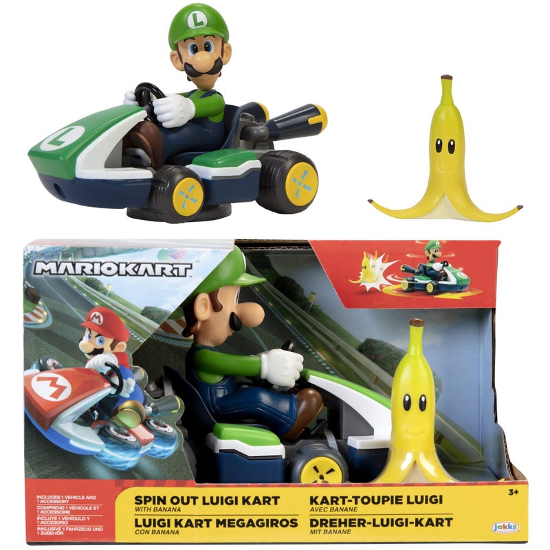 Super Mario Spin Out Mariokart Luigi Racer Vehicle with 360 Spins, Wind Up and Go! Includes One 2.5” Luigi Action Figure - Image 1