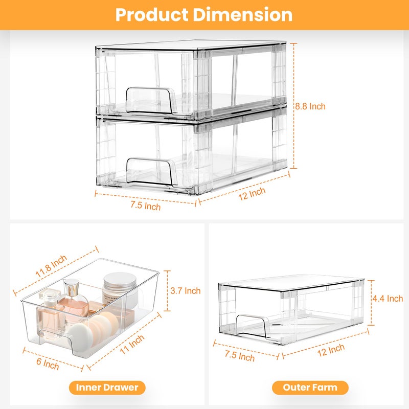 COKIHOM 2 Pack Stackable Storage Drawers,Plastic Organizers Bins, Drawers Storage with Handles and Movable Dividers for Organization and Storage in Fridge,Bathroom, Pantry, Kitchen Cabinets, Under Sink - Image 4