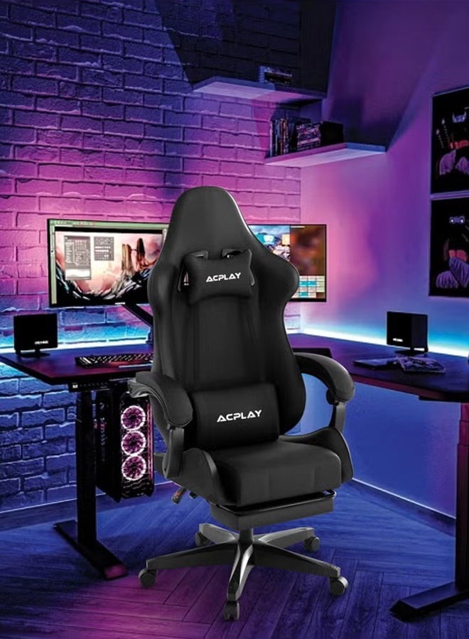 بريمو بلس كرسي ألعاب كمبيوتر قابل للتعديل، كرسي مكتب من الجلد الصناعي، ظهر مرتفع، دعم قطني، مسند ذراع مريح، مسند رأس،أسود - Image 1