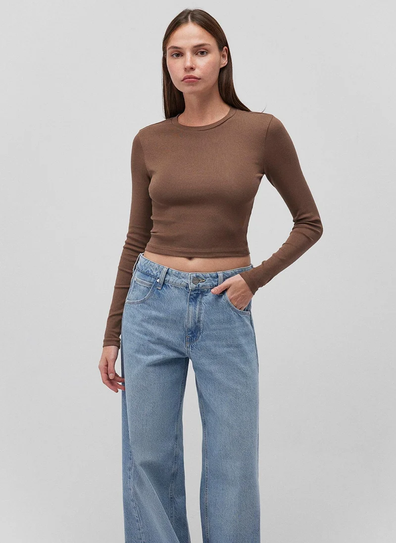 MAVI Brown Long Sleeve Crop Basic T-Shirt