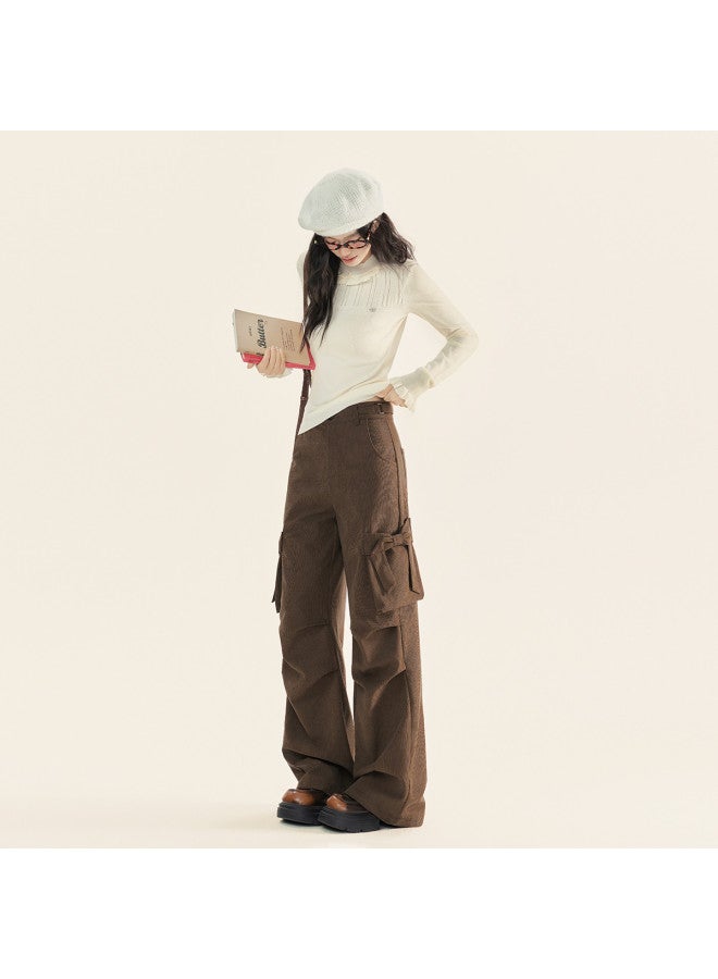 EPTISON Work Pants Women 2025 Autumn Winter New Retro Lazy Corduroy Pants Bow Pocket Design Floor-Length Pants - Image 4