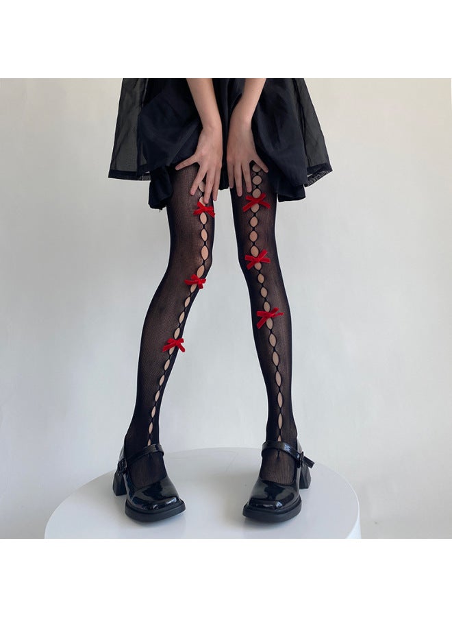 Style Sweet Girl Plaid Velvet Handmade Bow Hollow Hole Pantyhose White Pantyhose