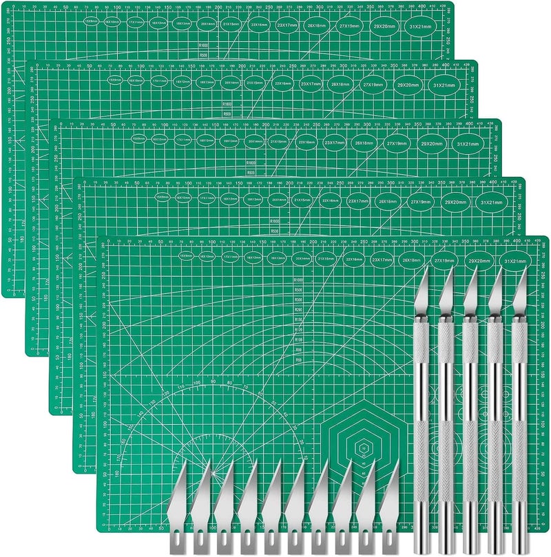 Caffox 5 Pack Self Healing Cutting Mats and Exacto Knife Set, Sewing Mats with Precision Cutters and Extra 50Pcs SK5 Steel Blade 12" x 18" Work Mat for Crafts, Scrapbooking and Quilting - Image 1