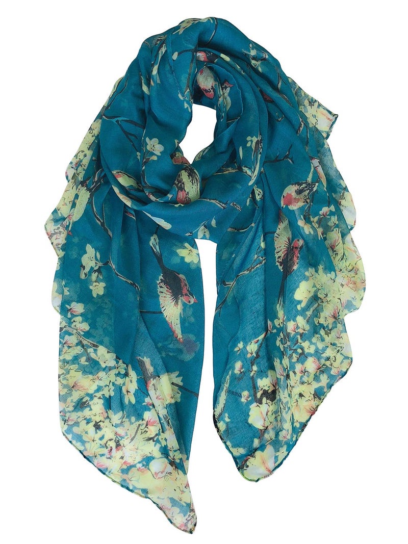GERINLY Scarfs for Women Head Covering Fashion Floral Birds Print Cotton Headscarf Gifts Wide Light Shawl (Teal) - Image 1